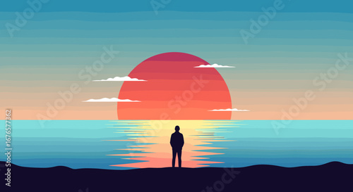Dreamy sunset ocean view with solitary figure, perfect for contemplation, mindfulness, and inspirational content