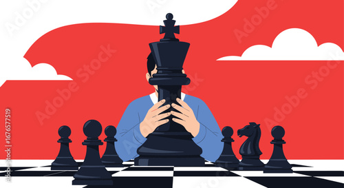 Strategist holding chess king, planning next move for competitive advantage and business success