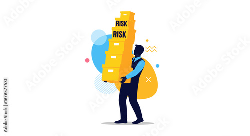 Businessman balancing risk boxes in modern style, showing risk management and business decisions concept