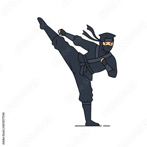 Cartoon ninja in a dark blue shinobi shozoku costume performing a powerful high kick.