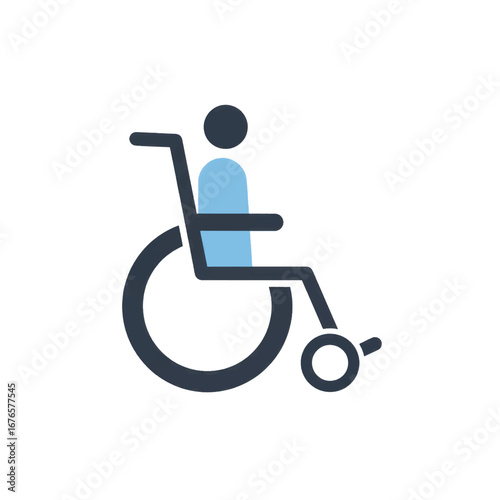 Modern flat design accessibility icon of a person in a dark grey and blue wheelchair.