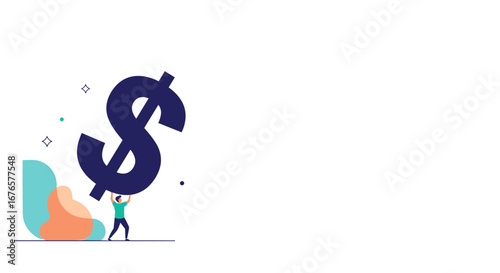 Man lifting money symbol for financial success in business with modern abstract design elements
