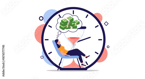 Dreaming of financial freedom and passive income while time is money in a modern digital illustration