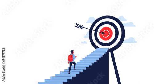 Achieve goals by climbing stairs to hit target, perfect for startups and goal oriented businesses