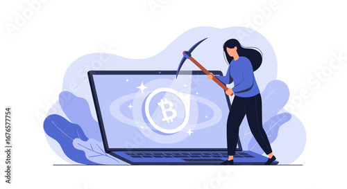 Bitcoin mining concept with woman using pickaxe to mine digital currency displayed on a laptop screen