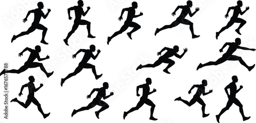 Running athlete silhouette, sprint action poses, marathon jogging, track and field, sports training, exercise fitness, competition runner, fast movement illustration