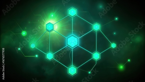 reinforcement learning Abstract digital network with glowing hexagons on a dark background.