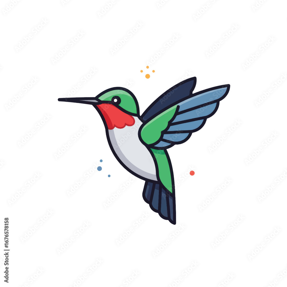 Fototapeta premium Cute cartoon hummingbird with a red gorget green head and blue wings hovering in mid-air.
