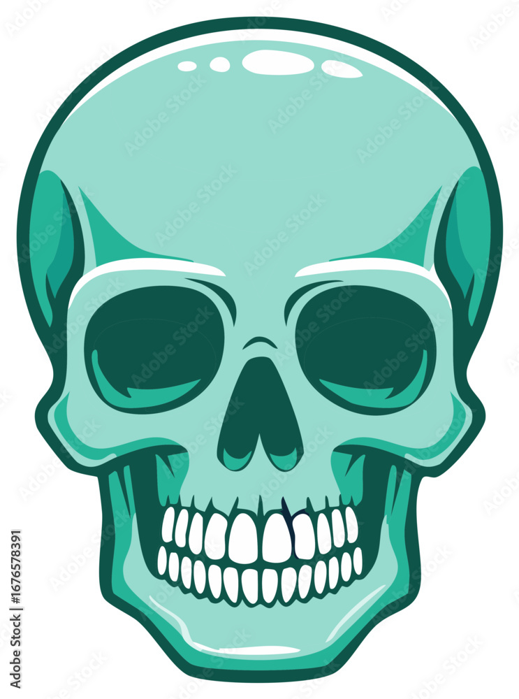 Fototapeta premium Stylized cool toned skull illustration with dark eye sockets and detailed teeth