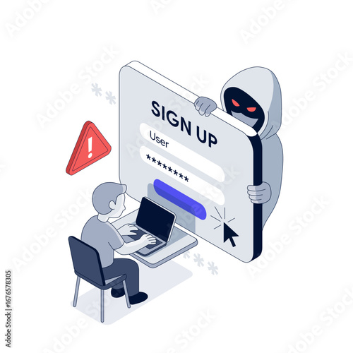 Hacker hides behind fake registration form. Man enters personal data without noticing danger. Cybersecurity concept with phishing attack illustration. Malicious Sign up button