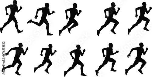 Running silhouette collection, sprinting athlete, jogging exercise, fitness training, sports competition, marathon runner, speed action, healthy lifestyle, track race movement
