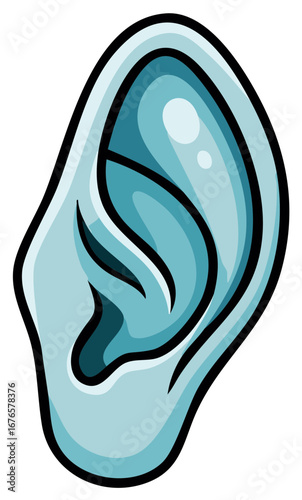 Stylized blue human ear illustration representing anatomy hearing listening and sound concepts