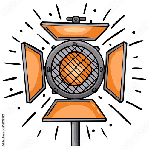 Illustration of a stage light with bright orange reflectors and a protective cage over the bulb.