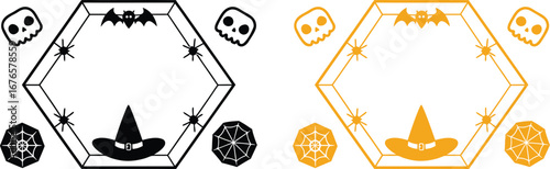 Vector art of Halloween themed hexagonal frame with skulls, bats, spiders, and stars.