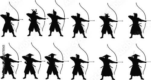 Samurai archer silhouettes, traditional warrior archery vector, Japanese fighter illustration, martial arts bowman design, historic combat stance artwork, battle posture graphic