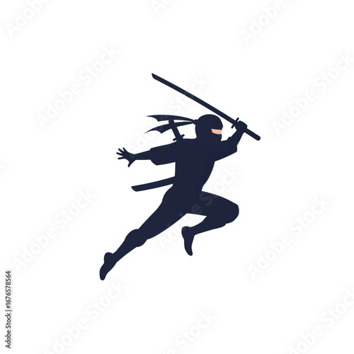 Dynamic dark blue silhouette of a leaping ninja warrior holding a katana sword in an attack pose.