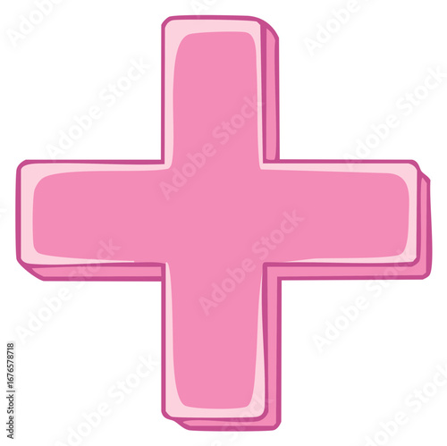 Simple pink plus symbol with a 3D effect and rounded edges