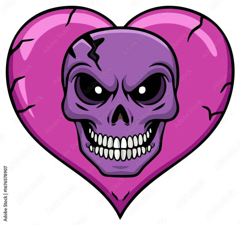Fototapeta premium Menacing purple cracked skull inside a broken pink heart illustration