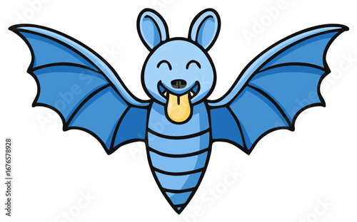 Cartoonish Blue Bat Spreads Wings with Goofy Expression Sticking Out Tongue