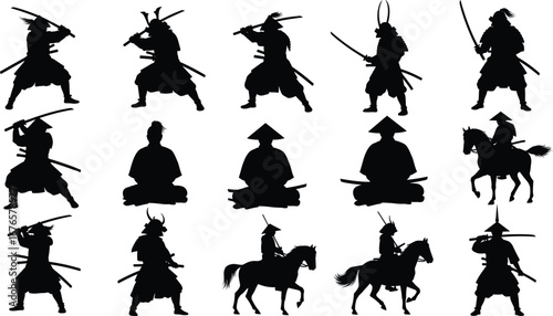 Samurai silhouette, warrior sword fighting, traditional Japanese martial arts, katana combat, meditation, horseback warriors, ancient Japan, bushido spirit