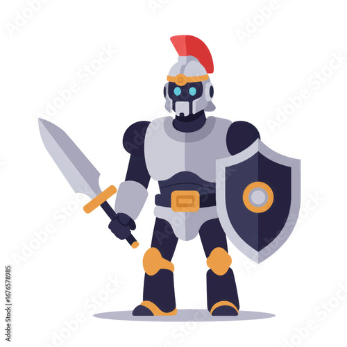 Armored robot centurion with a red crested helmet holding a sword and shield.