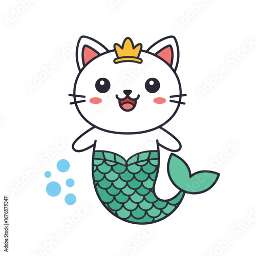 Cute kawaii cat mermaid character with a gold crown and green scaled tail.