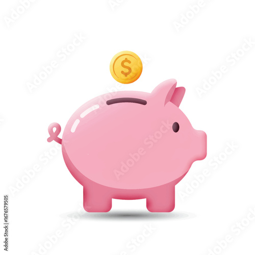 Cute glossy pink piggy bank with a golden dollar coin floating above the slot symbolizing savings and finance.