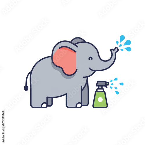 Cute grey cartoon elephant with pink ears playfully spraying water from its trunk next to a green spray bottle.