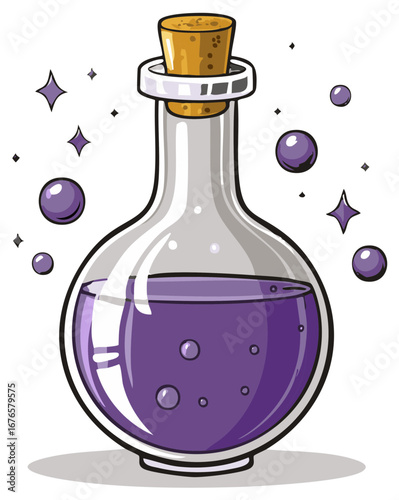 Potion Bottle with Purple Liquid Bubbles and Cork, Cartoon Style Icon for Games or Halloween