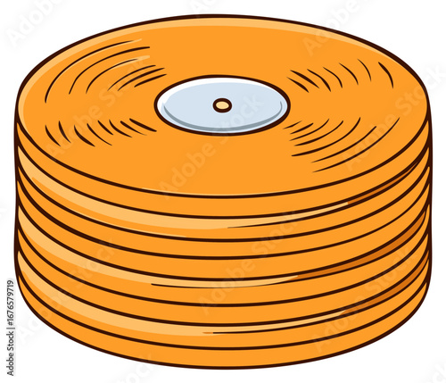 Stack of bright orange vinyl records with a silver label in the center