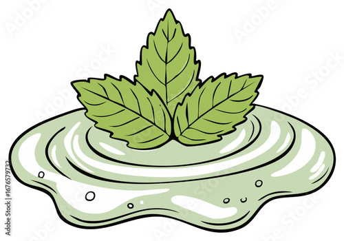Fresh green mint leaves sitting atop a dollop of light green icing cream or mint sauce for a delicious dessert.