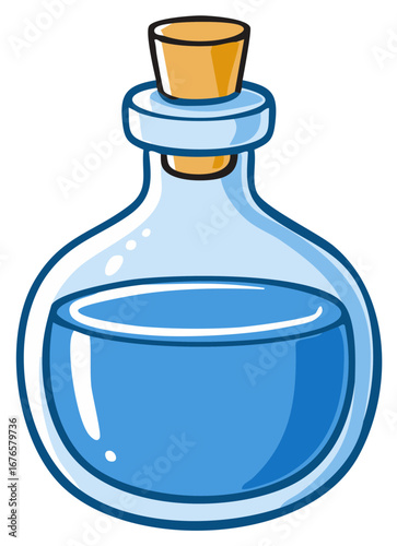 Cartoon glass bottle with blue liquid and cork stopper