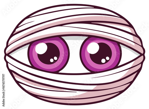 Cartoon Mummy Face with Purple Eyes Wrapped in White Bandages, Halloween Character