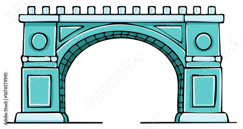 Arched Gate Cartoon Illustration, Blue Stone Architecture with Decorative Pillars and Crenellations, Vector