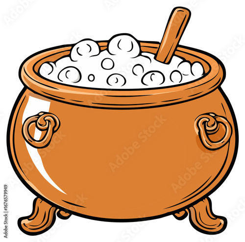 Vibrant Orange Cauldron with Bubbly Brew and Stirring Spoon Illustration