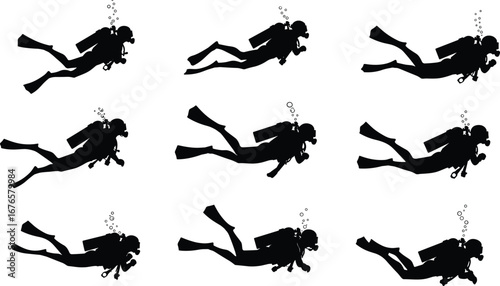 Scuba diver silhouette, underwater swimming, ocean exploration, diving vector, marine adventure, snorkeling design, water sport illustration, scuba bubbles, deep sea diving, fins
