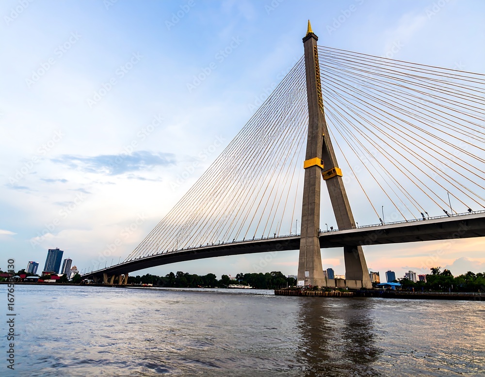 Obraz premium Modern cable-stayed bridge over a river at twilight