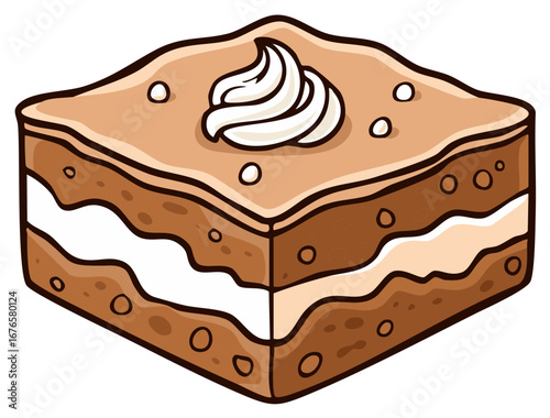 Hand-drawn illustration of a layered chocolate cake with cream frosting and sprinkles