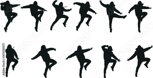 Silhouette hip hop dancers, street dance freestyle, modern choreography moves, urban performance art, energetic youth culture, breakdance motion, stylish active lifestyle illustration