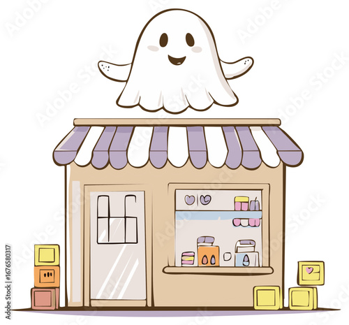 Whimsical illustration of a ghost floating above a candy shop filled with sweets and stacked gift boxes near the entrance