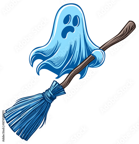 Cute blue cartoon ghost with a frightened face flying on a magic broomstick