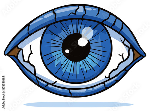 Artistic Eye Illustration with Bright Blue Iris and Detailed Blood Vessels
