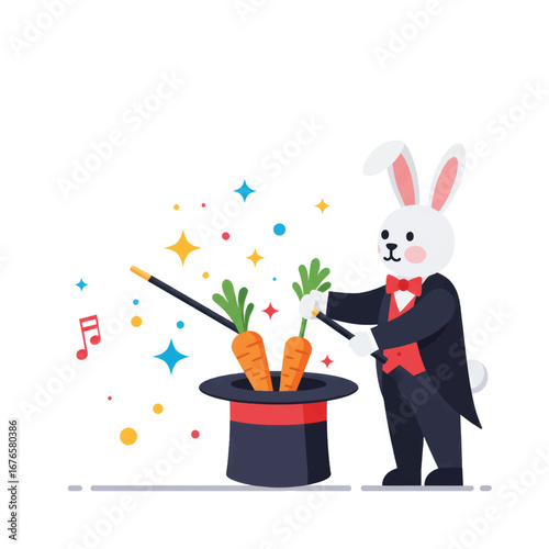 A charming rabbit magician in a tuxedo conjuring carrots from a top hat with a magic wand.