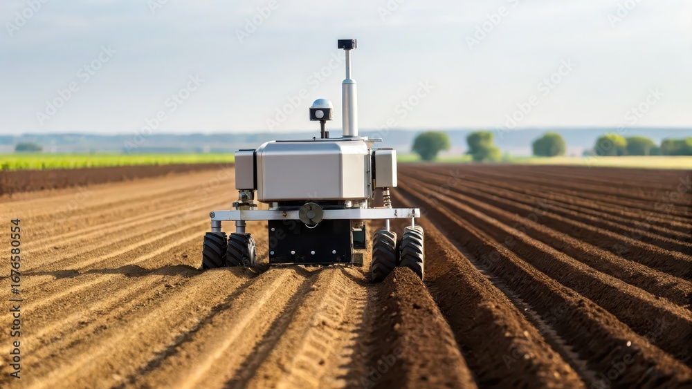 Fototapeta premium smart agriculture machine learning Automated vehicle cultivating rows of soil in a vast agricultural landscape.