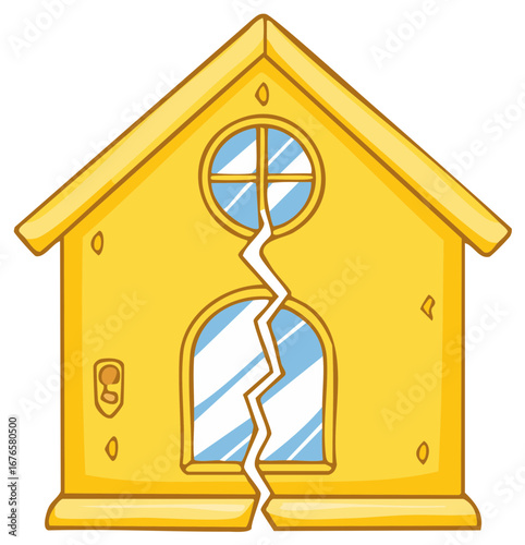 Cartoon golden house split in half with a large crack and blue windows