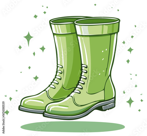 Pair of light green rain boots with shiny stars isolated on white, perfect for gardening or a rainy day in a bright style