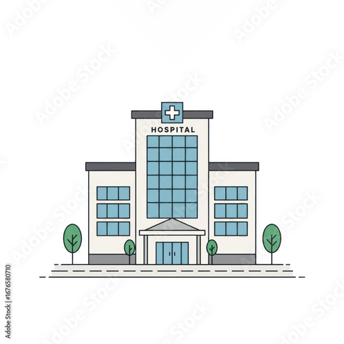 Minimalist line art illustration of a modern hospital building with a medical cross symbol.