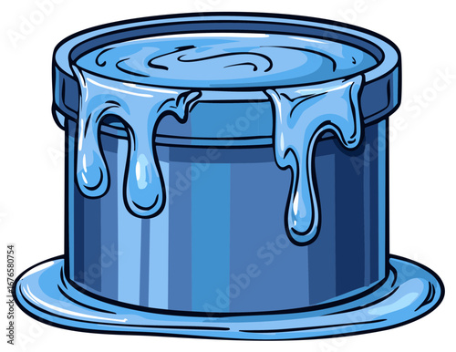 Blue paint can spilling over the sides with dripping paint, creative illustration, artistic painting supplies, graphic vector art