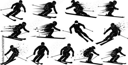 Skiing silhouettes, winter sports, downhill skiing, ski racing, alpine adventure, snow sport, extreme skiing, skiing vector, skier illustration, mountain