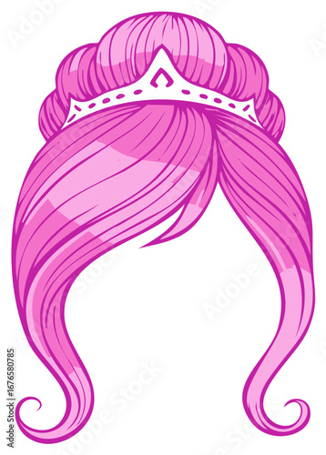 Whimsical Pink Hairstyle with Decorative Crown, Elegant Cartoon Princess Hair, Fantasy and Royal Look